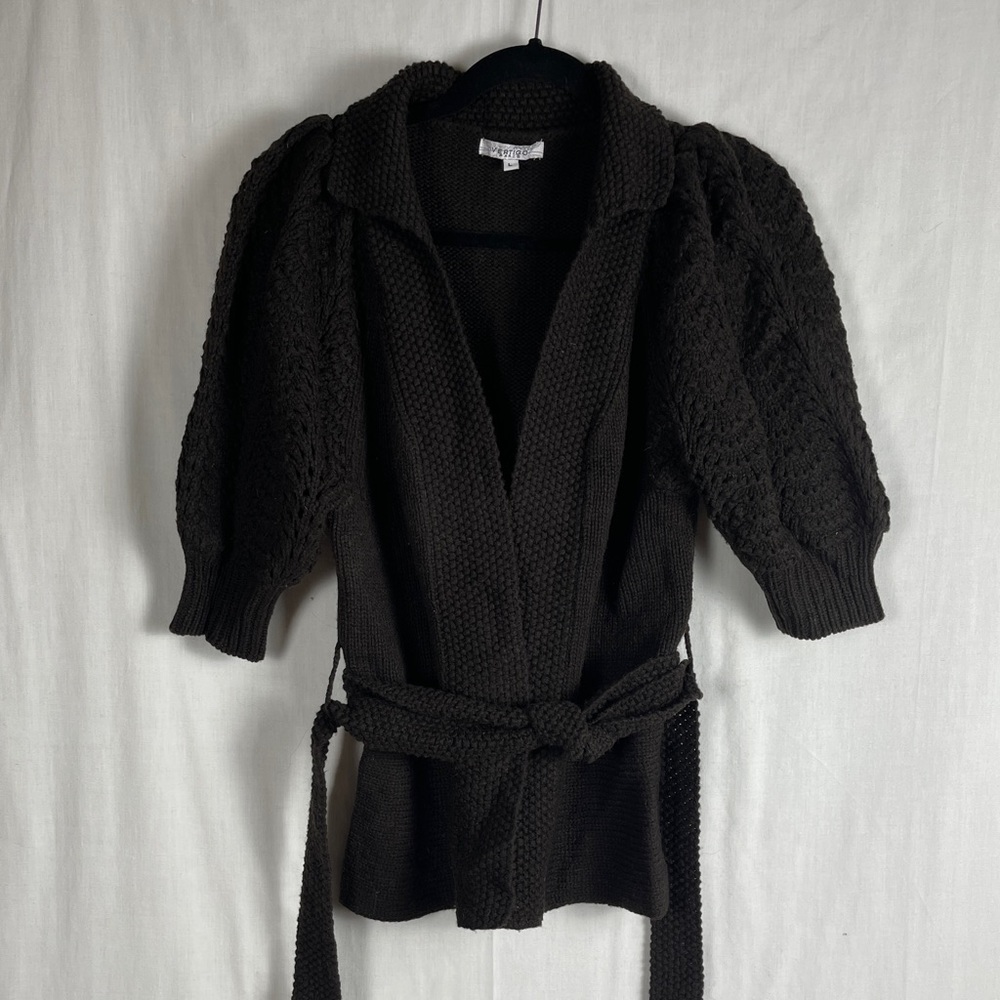 Vertigo Paris Wool Blend Black Puff Half Sleeve Sash Waist Wrap Cardigan